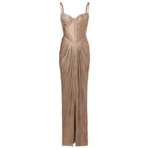 Nicoletta Gold Glossy Pleated Corset Maxi Dress